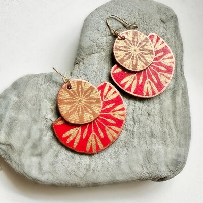 Statement Handmade "Sun" Upcycled Handmade Paper Earrings - various. Colors of navy, orange, gold, red, tan. Rock and Polly - image2
